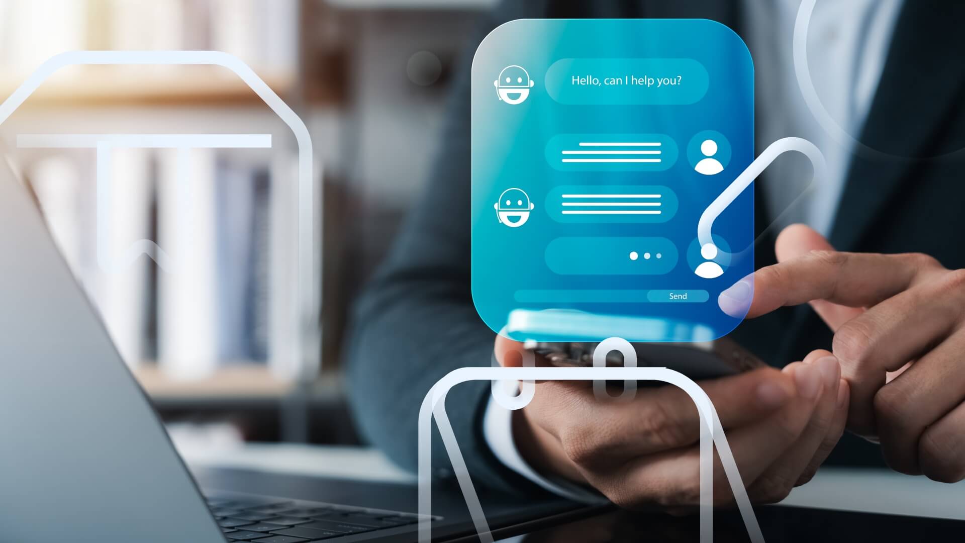 Pessoa utilizando chatbot no celular com ícones digitais flutuantes, representando atendimento ao cliente online com uso de tecnologia e automação.