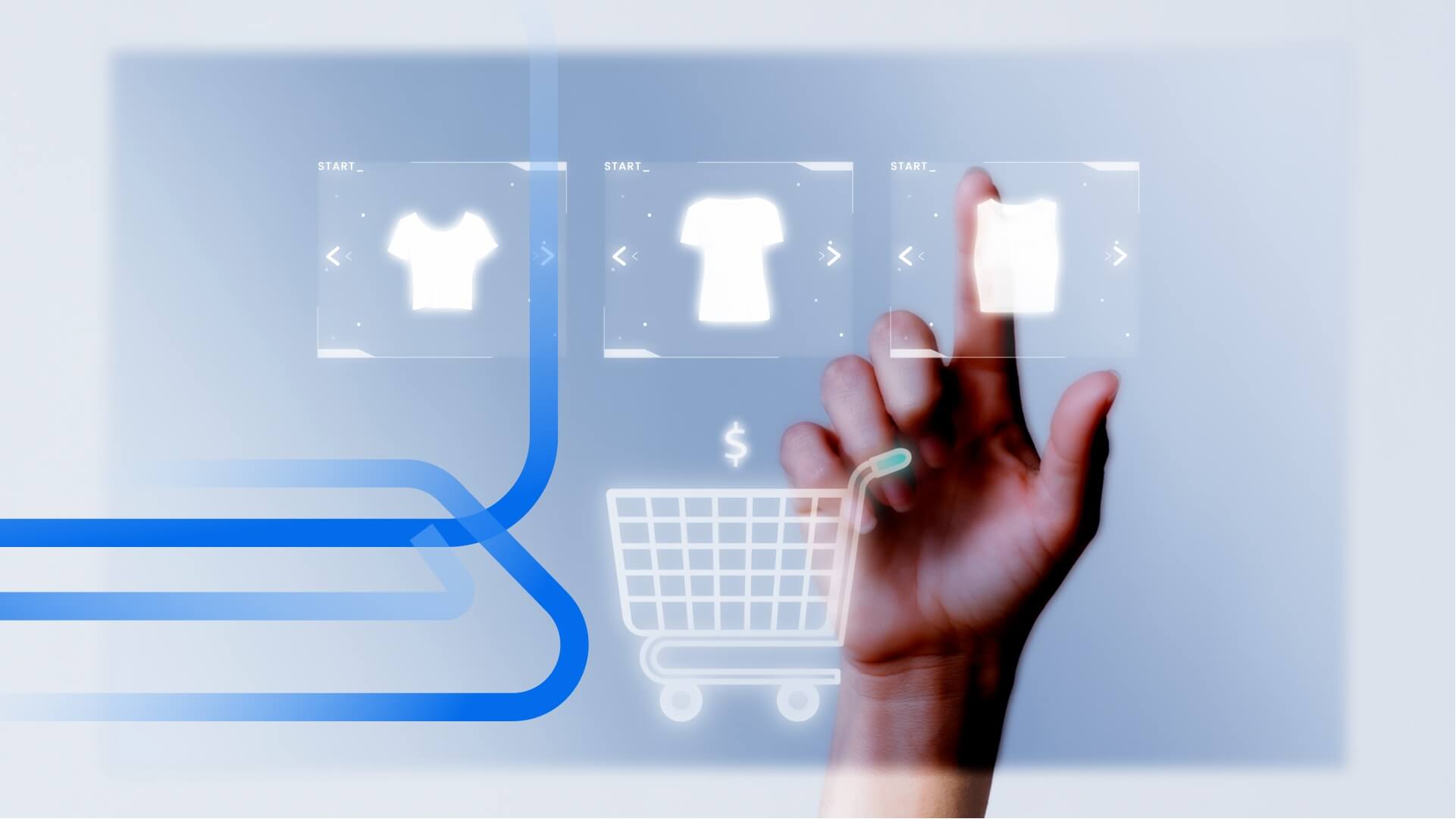 Mão interagindo com interface digital de compras, simbolizando o processo de criação de anúncios e vendas online — conceito de como anunciar nos marketplaces.