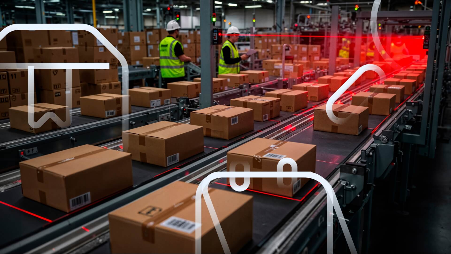 Centro de distribuição de fulfillment, com caixas empilhadas, representando o estoque de marketplaces.