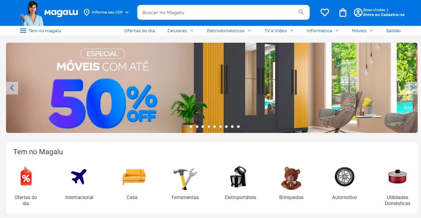 Página inicial do Magalu, um dos maiores marketplaces do Brasil com integração omnichannel.