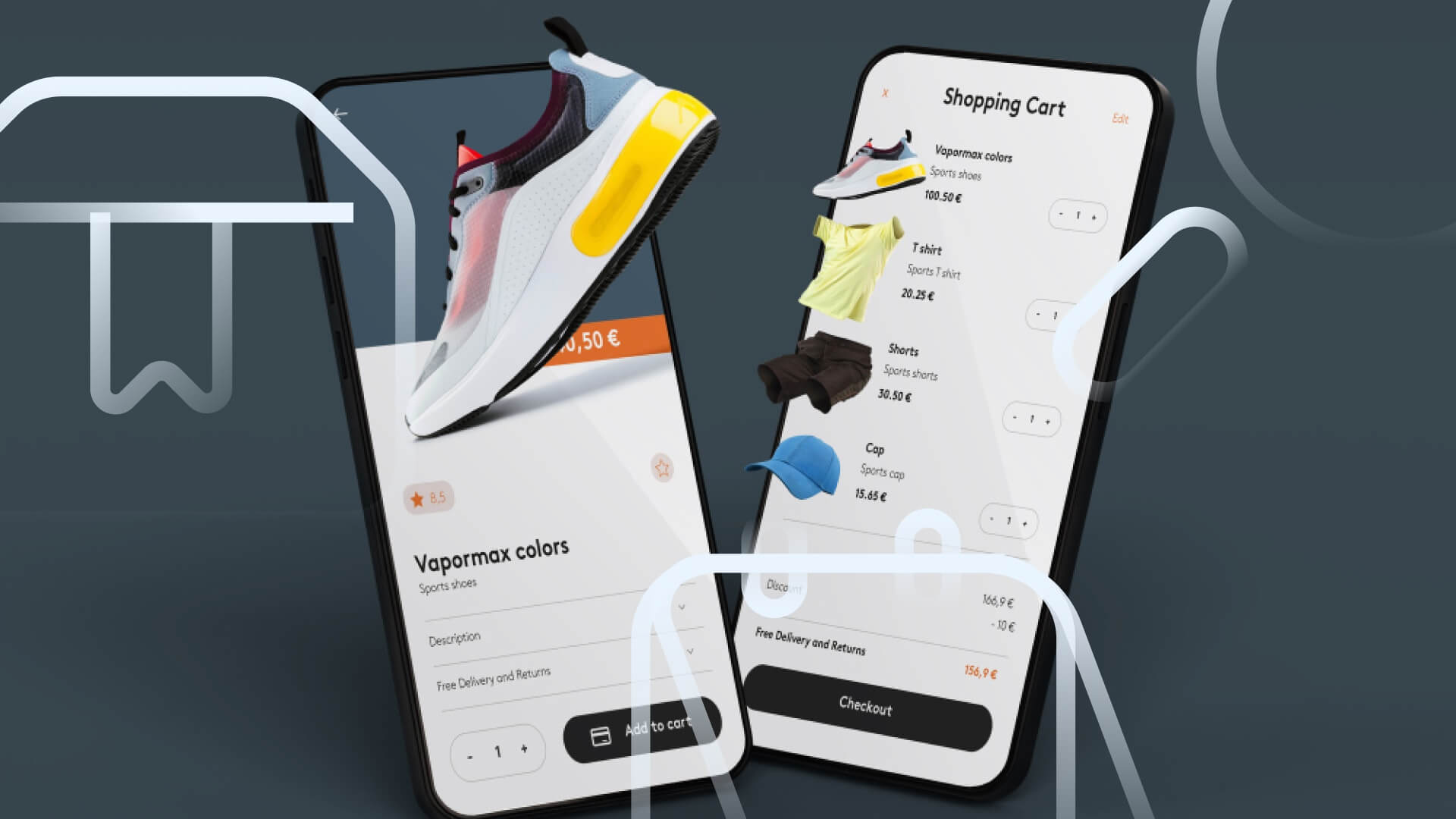 Interface de e-commerce exibindo informações de itens e carrinho de compras em aplicativo móvel, representando o cadastro de produtos em canais digitais.