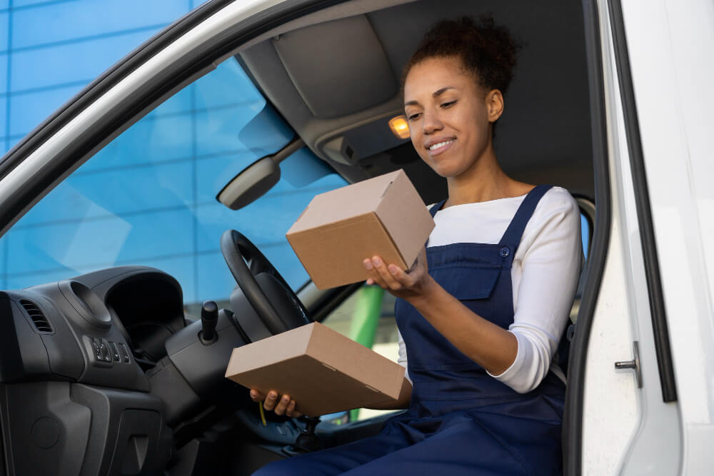 Mulher em um carro segurando um pacote de pedido, representando frete no marketplace.