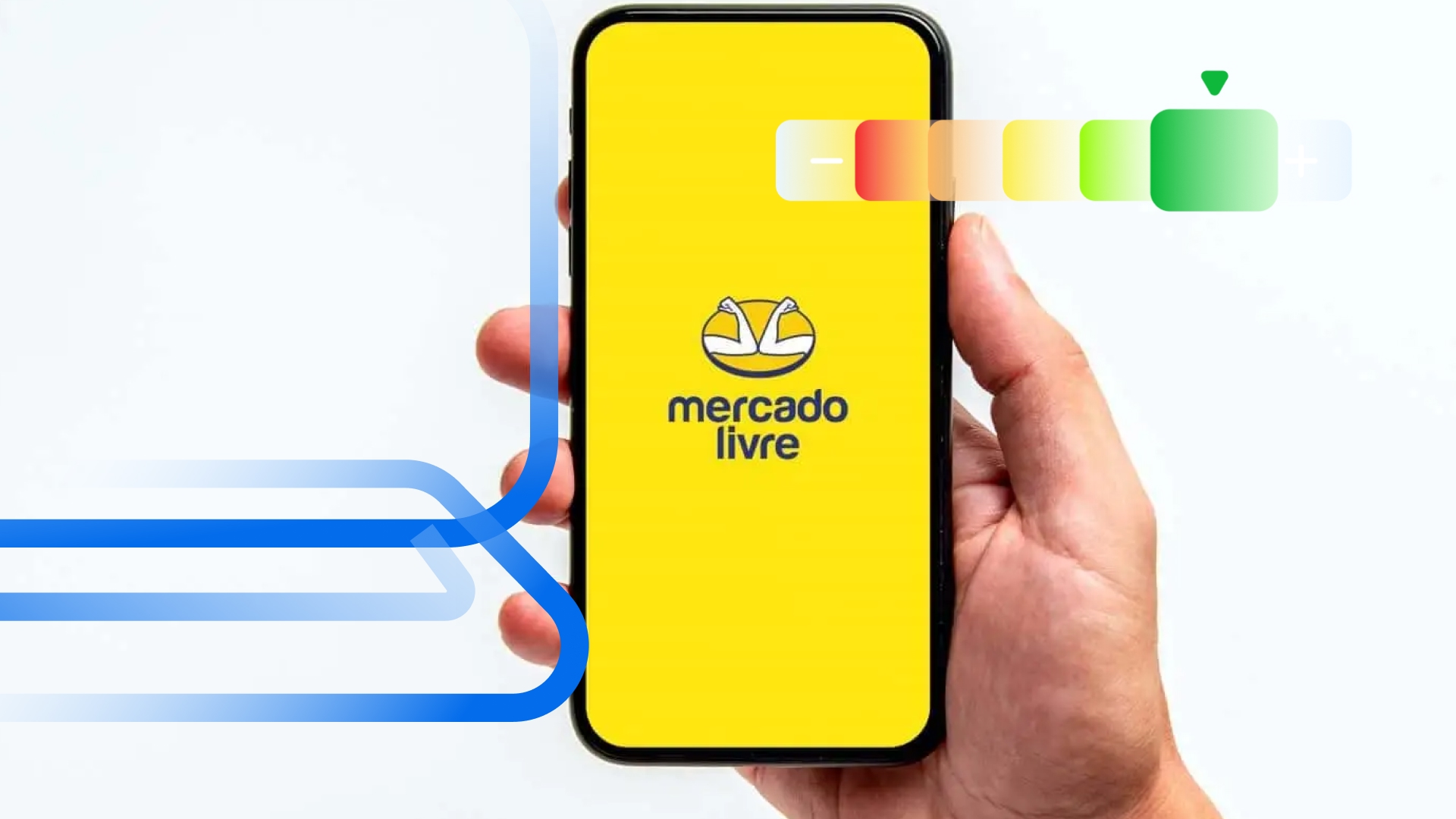 Celular com aplicativo do Mercado Livre e indicador de progresso, representando evolu&ccedil;&atilde;o nos n&iacute;veis Mercado Livre e reputa&ccedil;&atilde;o do vendedor.