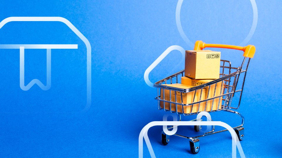 Carrinho de compras em miniatura com caixas sobre fundo azul com &iacute;cones de loja, ilustrando a experi&ecirc;ncia de compra de um vendedor MercadoL&iacute;der