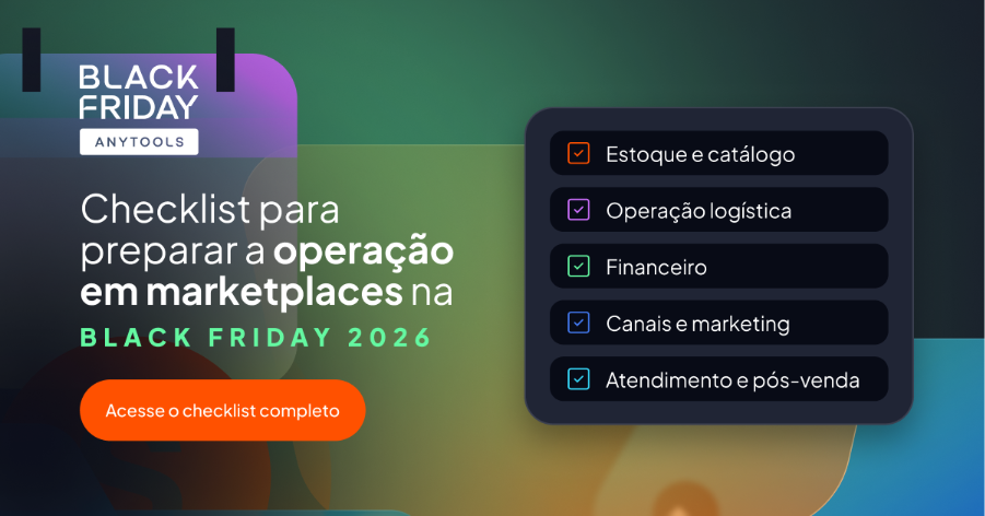 Banner promocional Anytools: Checklist para operação em marketplaces na Black Friday 2026, com itens como estoque, logística, financeiro, marketing e atendimento.